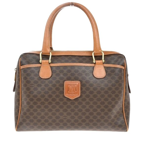 CELINE Logo Macadam Pattern Travel Hand Boston Bag PVC Leather Brown 69KB421 - Picture 1 of 15